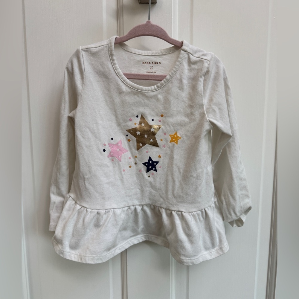 BCBG 3T Girls White Star Long Sleeve Blouse Top